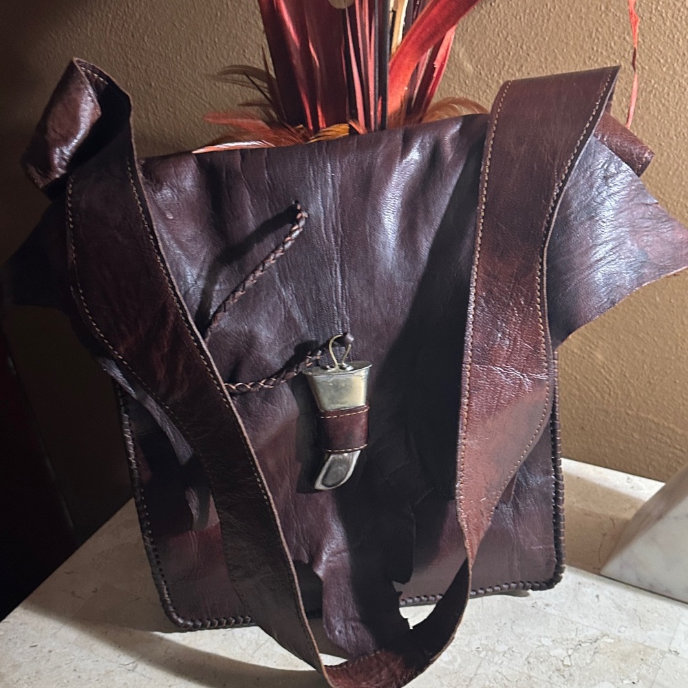 Dark Brown Leather Shoulder Bag with Silver Accent